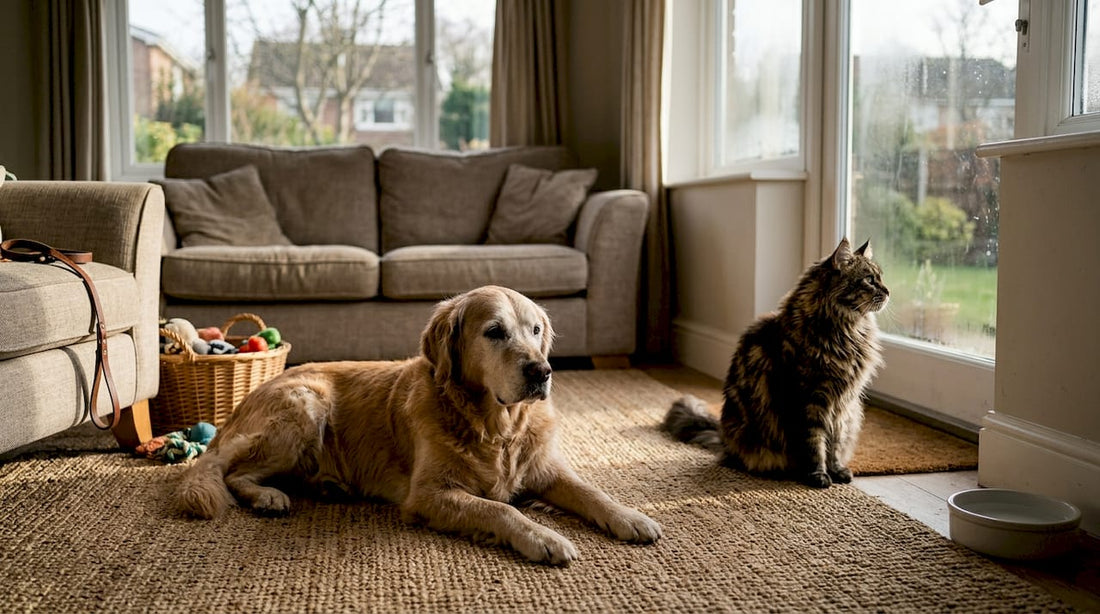 Hund und Katze genießen die ersten Sonnenstrahlen des Tages und lassen es sich gemütlich zu Hause gutgehen.