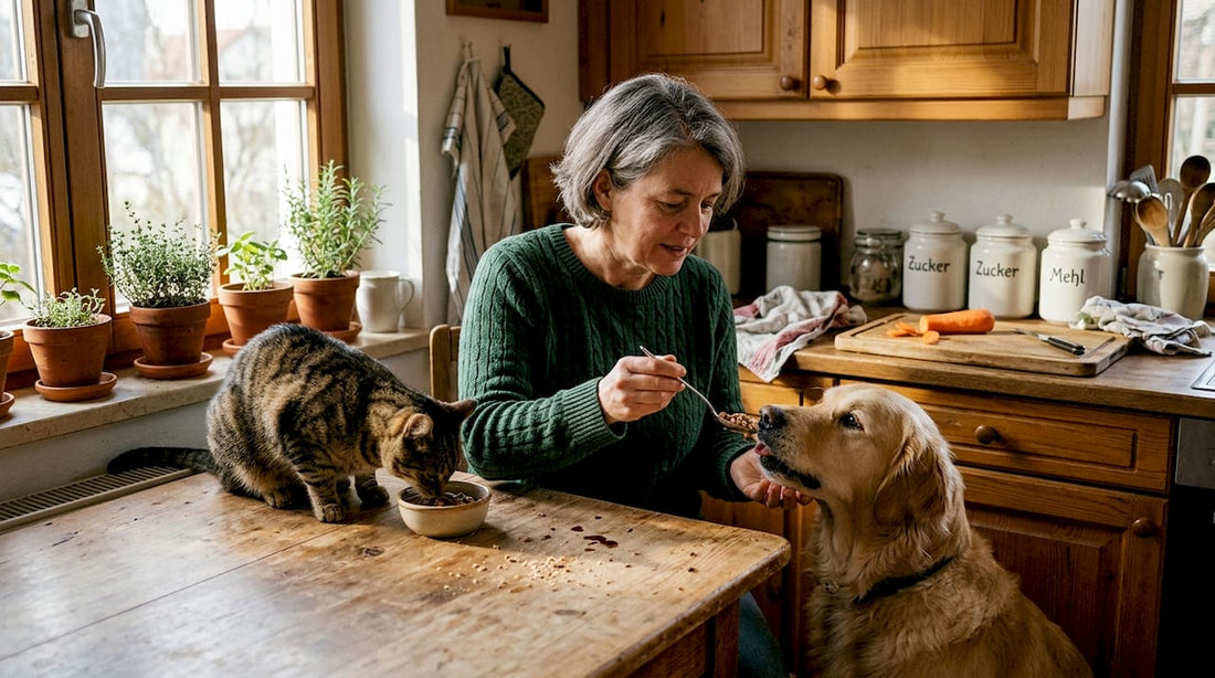 Im heimischen Küchenalltag sorgt eine Frau dafür, dass ihre Katze und ihr Hund mit natürlichen Vitaminen versorgt werden.