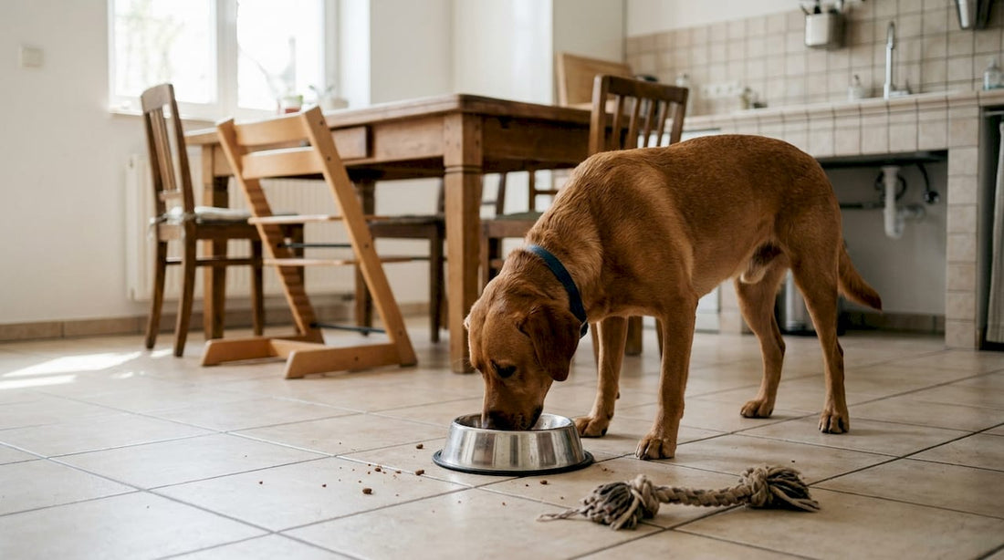 Der Hund genießt sein Futter in der heimischen Küche.