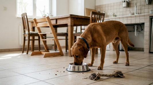 Der Hund genießt sein Futter in der heimischen Küche.
