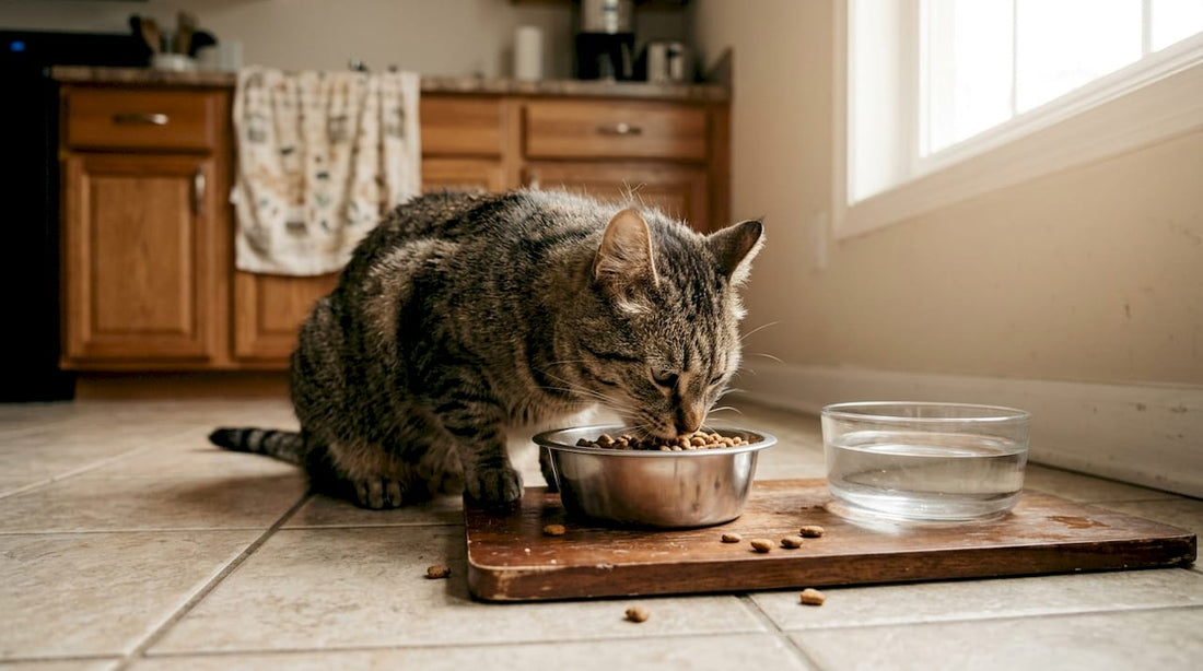 In der sonnendurchfluteten Küche genießt die Katze ihr Futter aus dem Napf.