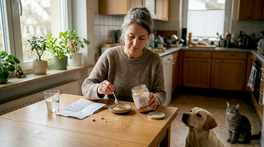 Am Küchentisch bereitet eine Frau das Ergänzungsfutter für ihr Haustier vor.
