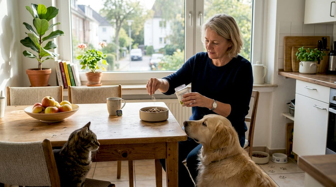 Eine Frau gibt ihrem Hund ein Nahrungsergänzungsmittel, während ihre Katze neugierig zuschaut.