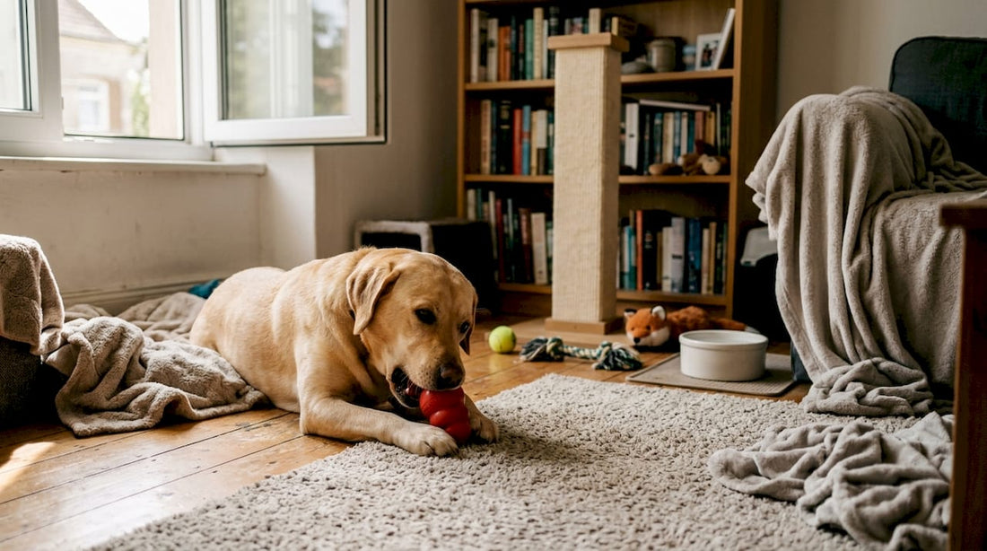 Unser Hund hat es sich im Wohnzimmer mit seinem Lieblingsspielzeug gemütlich gemacht.