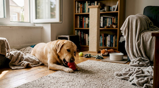 Unser Hund hat es sich im Wohnzimmer mit seinem Lieblingsspielzeug gemütlich gemacht.