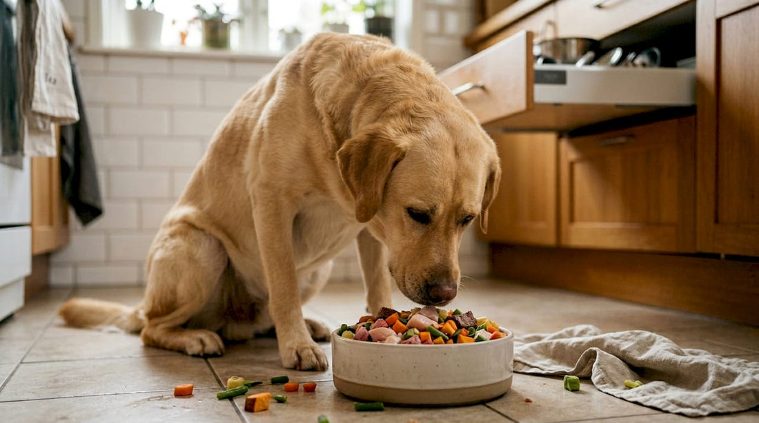 Der Hund beschnuppert neugierig das frische Futter, das gerade in der Küche bereitsteht.