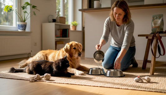 Hund und Katze genießen die Sonne und entspannen gemeinsam neben ihrem Besitzer im gemütlichen Zuhause.