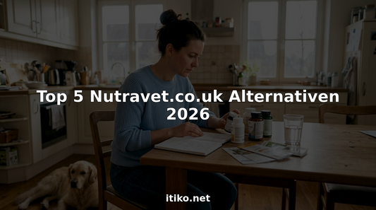 Eine Frau sitzt am Küchentisch und vergleicht verschiedene Nahrungsergänzungsmittel für ihr Haustier.