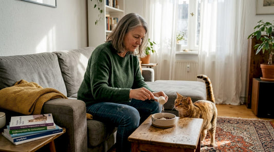 Eine Frau stellt ein natürliches Nahrungsergänzungsmittel für ihre Katze her.