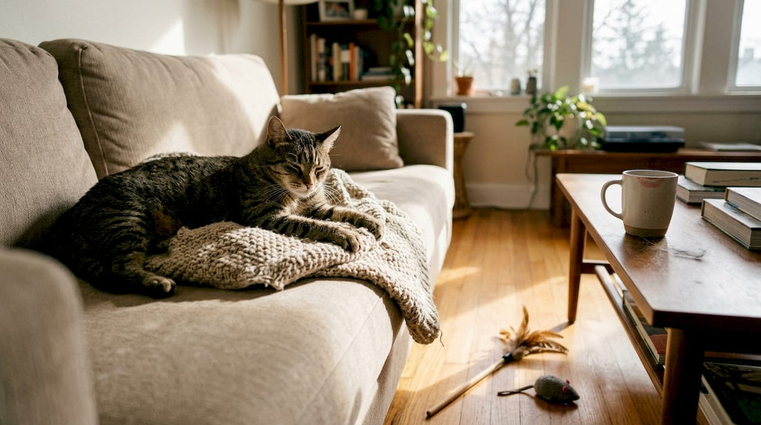Die Katze genießt entspannt die warmen Sonnenstrahlen auf dem Sofa.