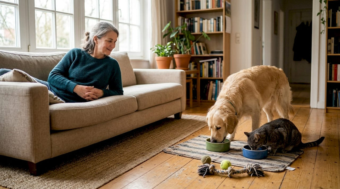 Hund und Katze teilen sich friedlich den Futternapf und fressen Seite an Seite.