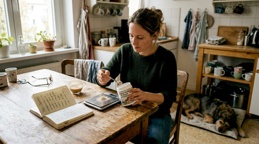 Eine Frau portioniert Futterzusätze für ihr Haustier in der Küche.