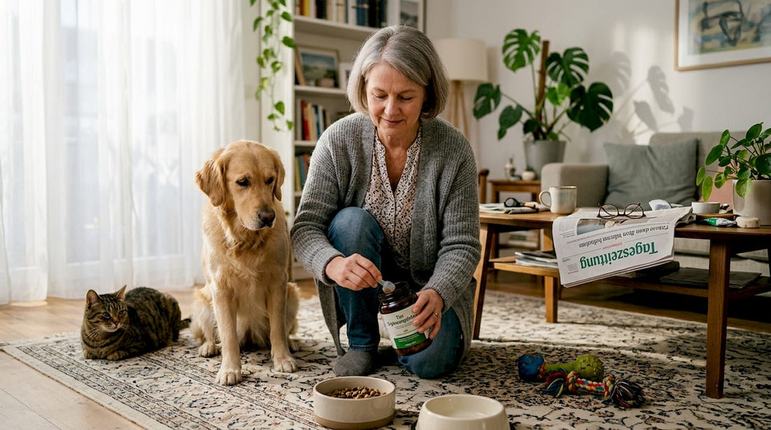 Eine Frau bereitet Futterergänzungen für ihren Hund und ihre Katze vor.