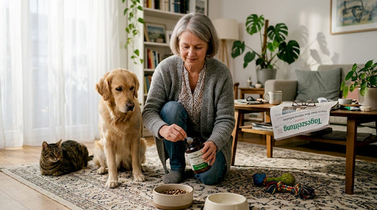 Eine Frau bereitet Futterergänzungen für ihren Hund und ihre Katze vor.