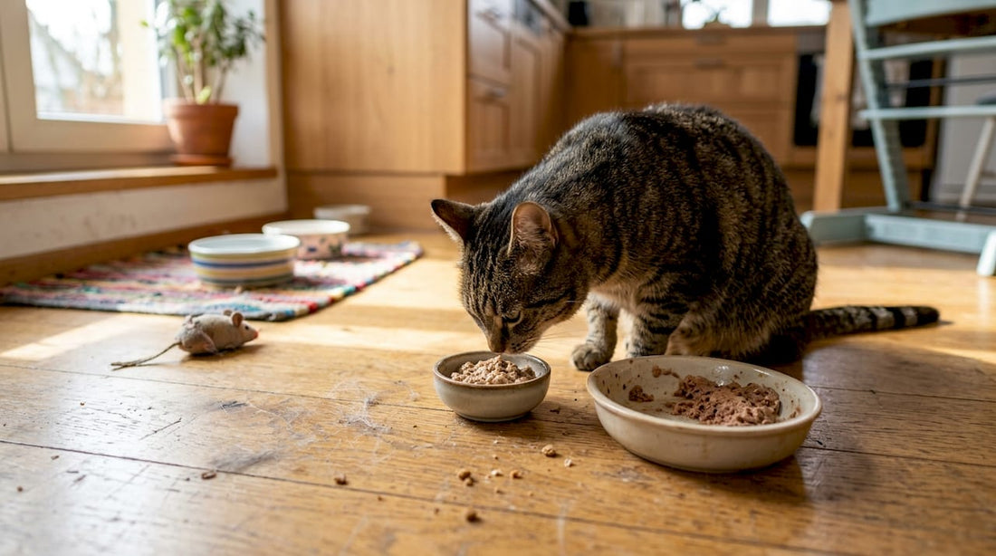 In der Küche beschnuppert die Katze neugierig ihren Napf mit Ergänzungsfutter.