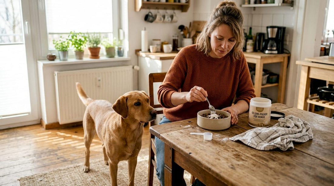 Eine Frau mischt am Küchentisch ein Nahrungsergänzungsmittel für ihren Hund an.