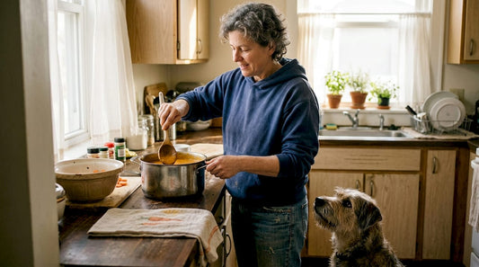 Ein Hundebesitzer schnippelt in seiner Küche Karotten und bereitet eine frische Suppe zu.