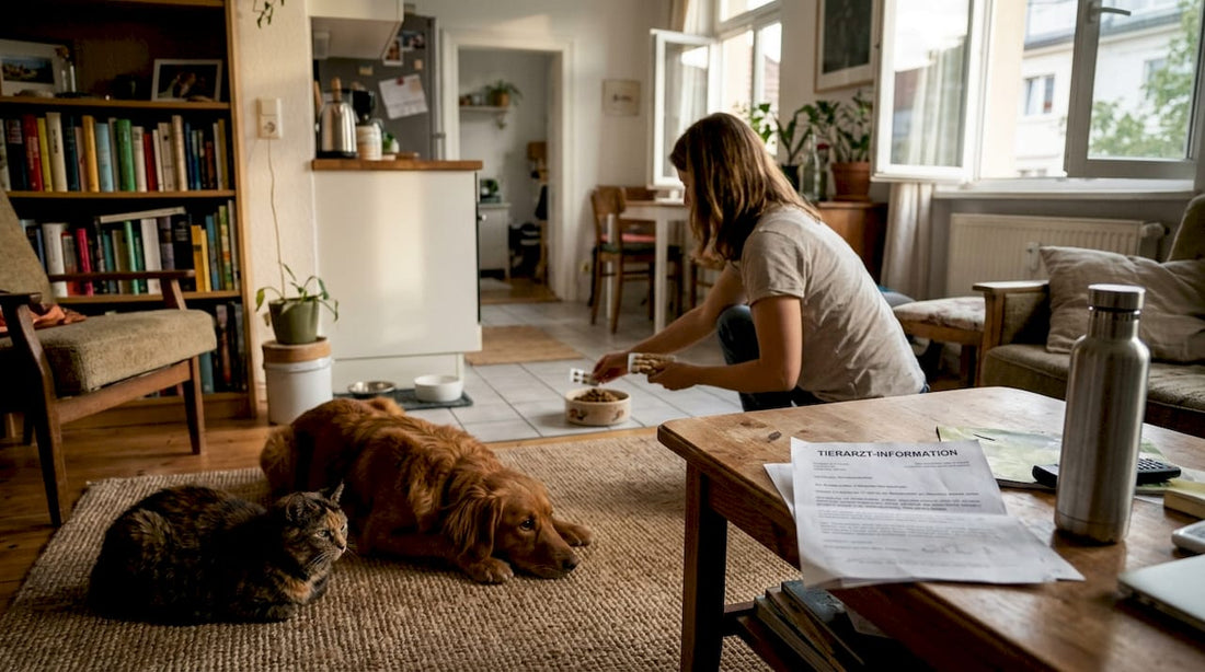 Ein Hund und eine Katze sitzen gemeinsam auf dem Teppich, während ihre Futtertabletten bereitliegen.