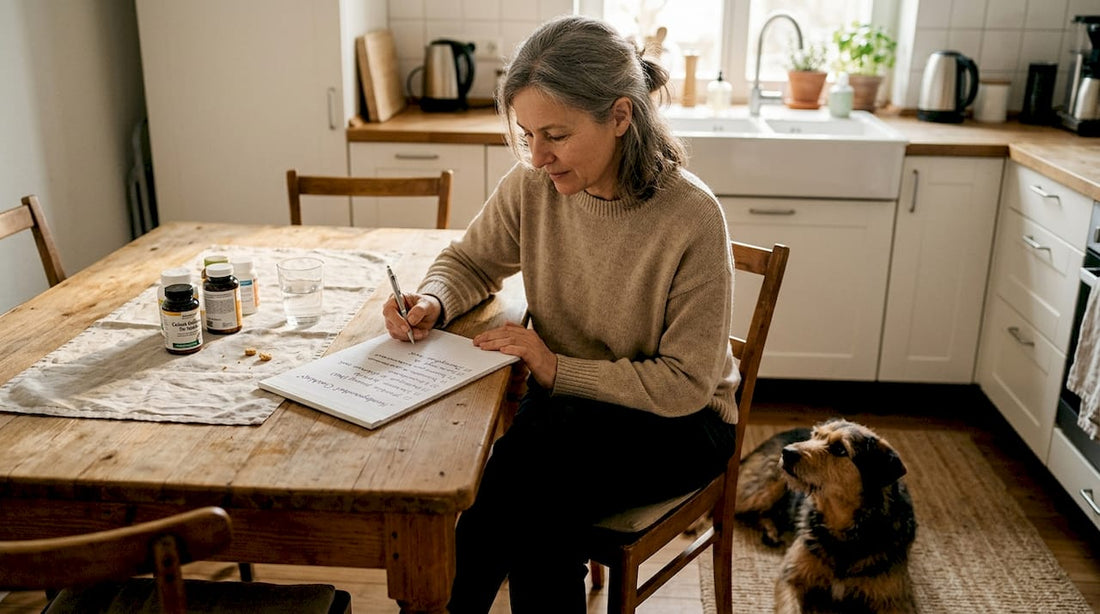 Eine Frau sitzt am Küchentisch und prüft die Liste der Vitamine, die ihr Hund braucht.