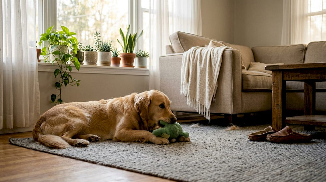 Ein Golden Retriever macht es sich gemütlich im Wohnzimmer.
