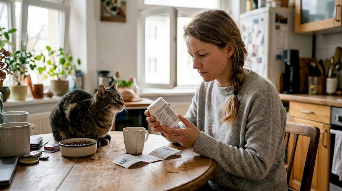 Katzenbesitzer wirft einen genauen Blick auf das Etikett des Nahrungsergänzungsmittels für sein Haustier.