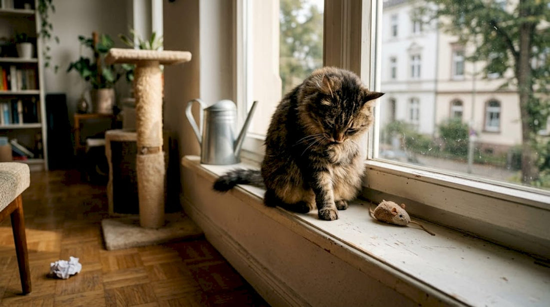 Die Katze sitzt gemütlich auf der Fensterbank und putzt sich das Gesicht.