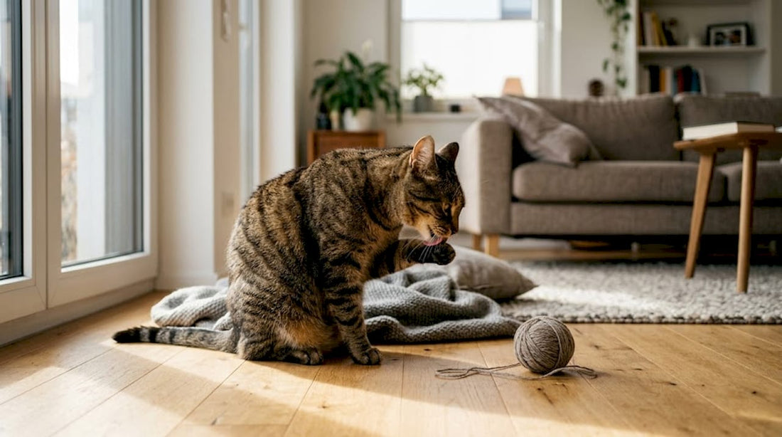 Im Wohnzimmer sitzt die Katze und putzt sich ausgiebig das Fell.
