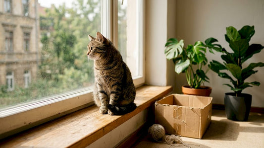 Gemütlich räkelt sich die Katze in der Sonne auf der Fensterbank.