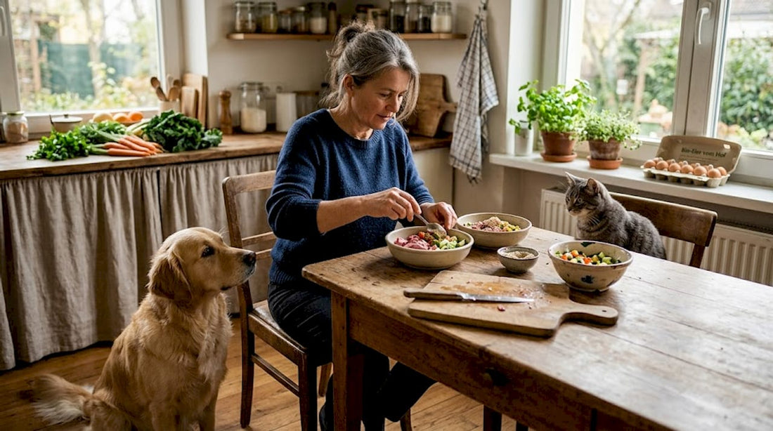 Eine Frau füttert ihren Hund und ihre Katze mit natürlichem Futter.