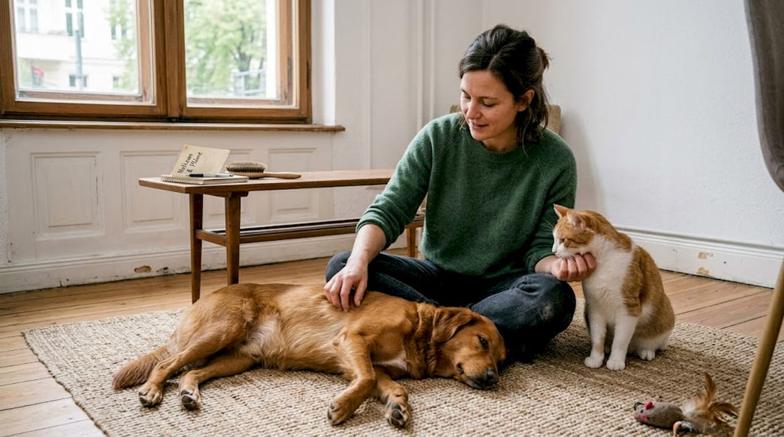 Eine Hundebesitzerin überprüft ihren Vierbeiner und ihre Katze sorgfältig auf Hautirritationen.